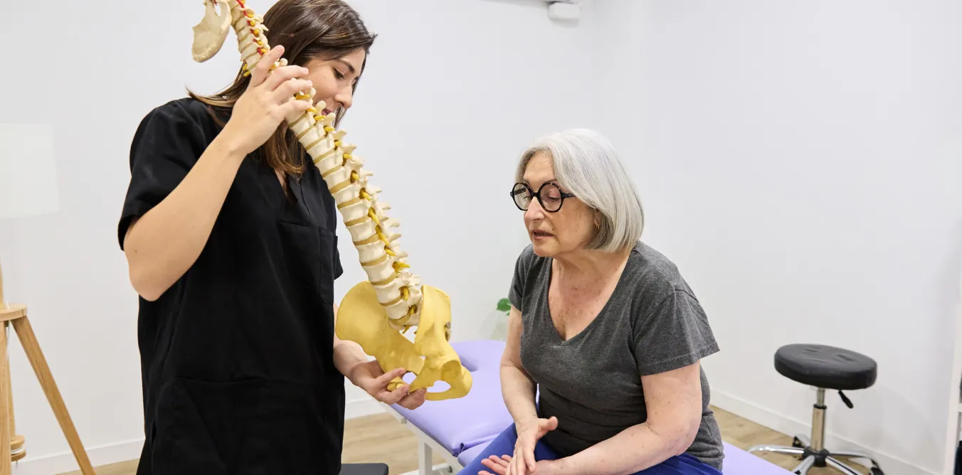 Practitioner showing patient a spine demonstration