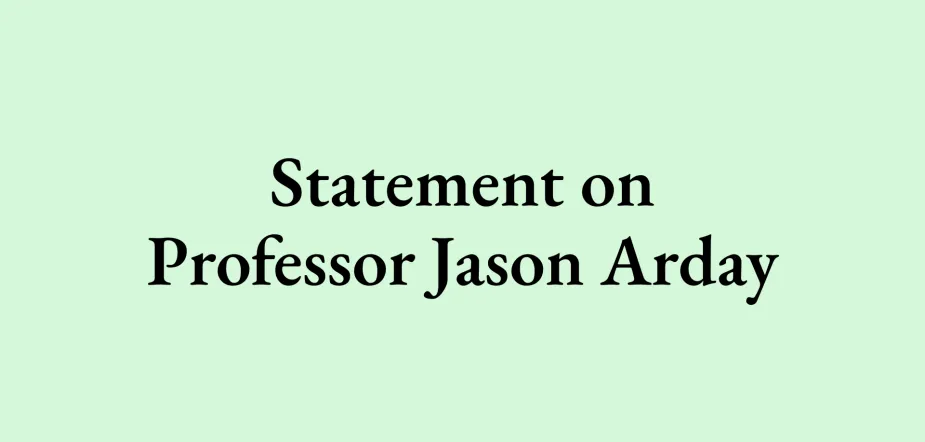 Green text card that reads "Statement on Professor Jason Arday"
