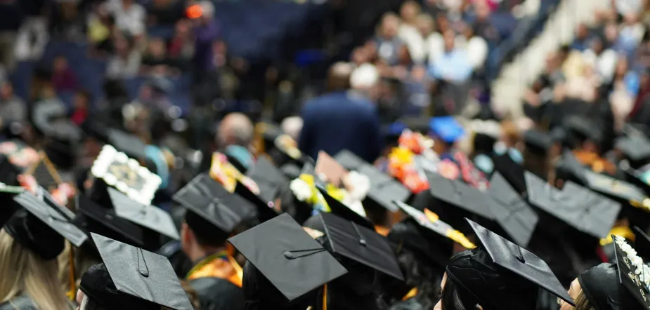 A group of graduates at their ceremony, showing the backs of their caps