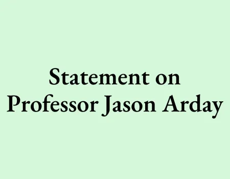 Green text card that reads "Statement on Professor Jason Arday"