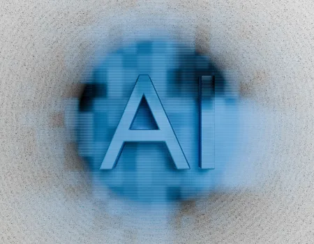 Blue white and grey design with floating colours and the letters "AI"