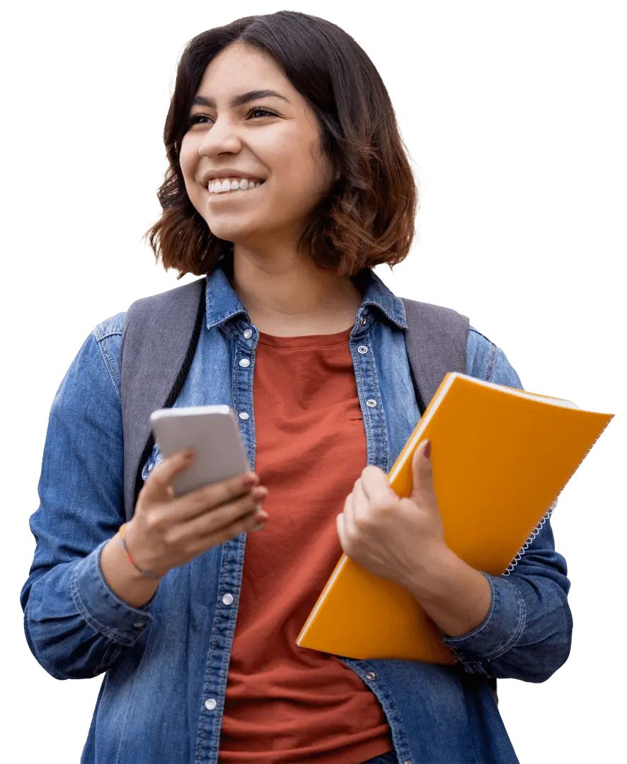 A lady smiling and holding a phone and notebook