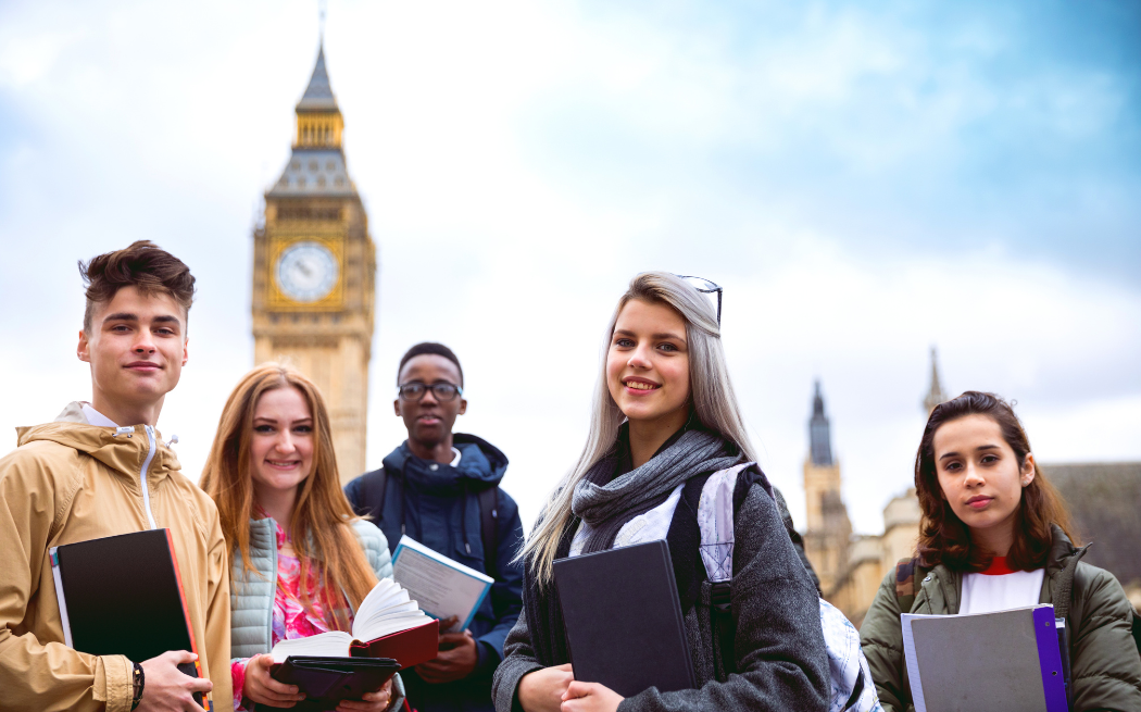 Students in front of Big Ben clock in London